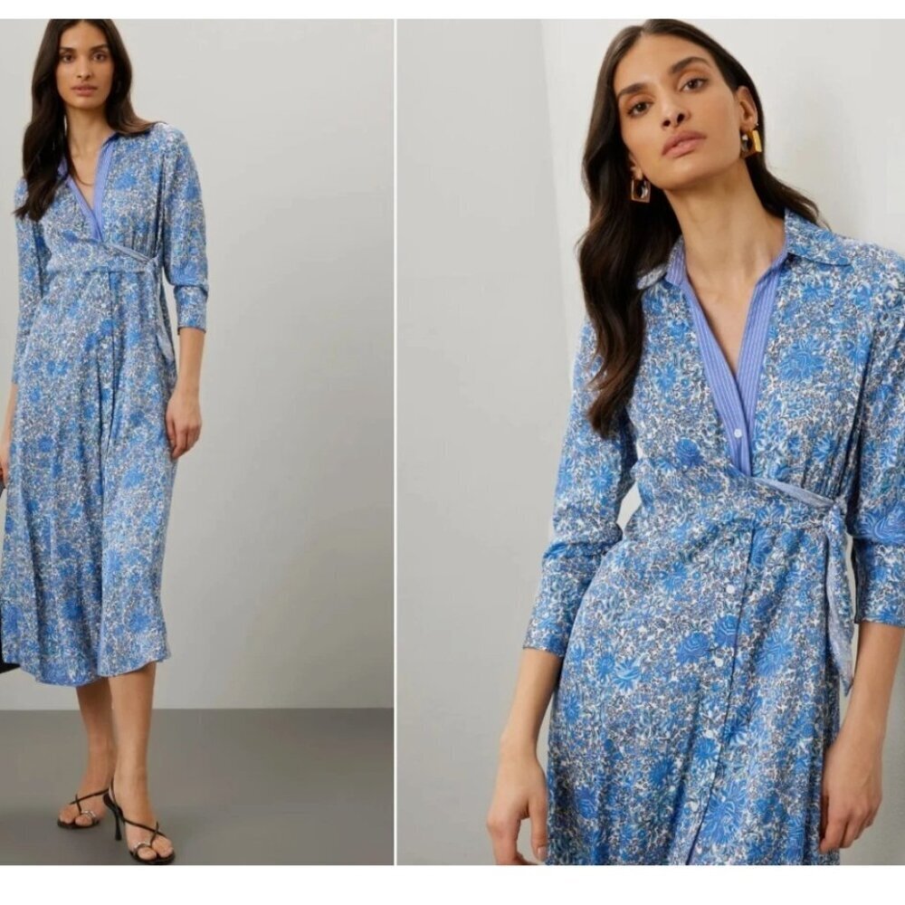 Sandro Dress Size‎ 0 Blue Floral Wrap Midi 3/4-Sleeve Collar Tie *READ FLAW*